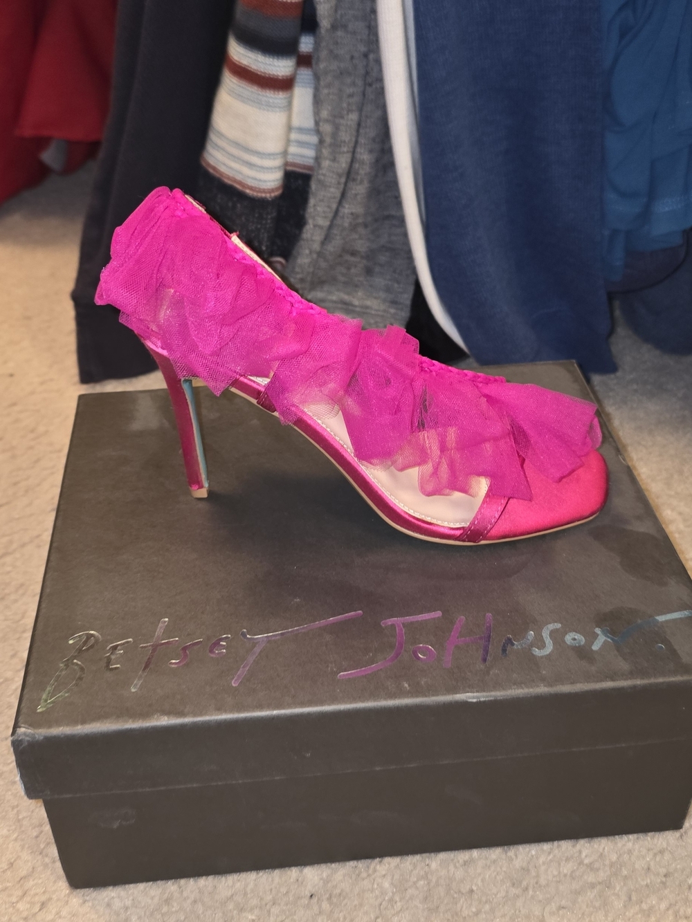 Betsey Johnson Hot Pink Satin Ruffle Peep-Toe Stiletto Pump
